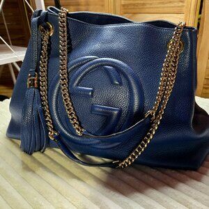 Gucci Interlocking GG Blue leather Tote Chain handle AUTHENTIC